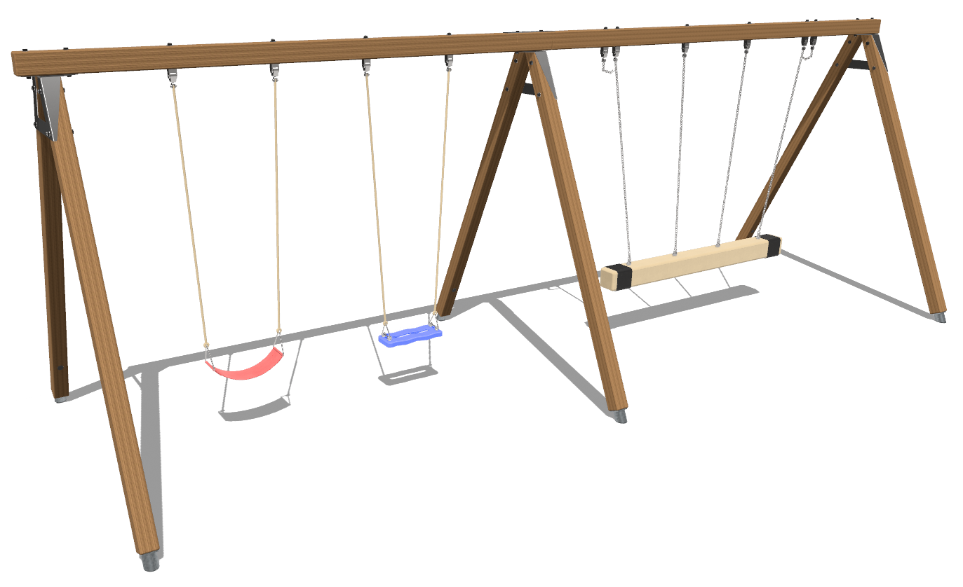 Trio-Schaukel mit Doppelschaukel aus Kantholz mit gekreuzten Stützen
