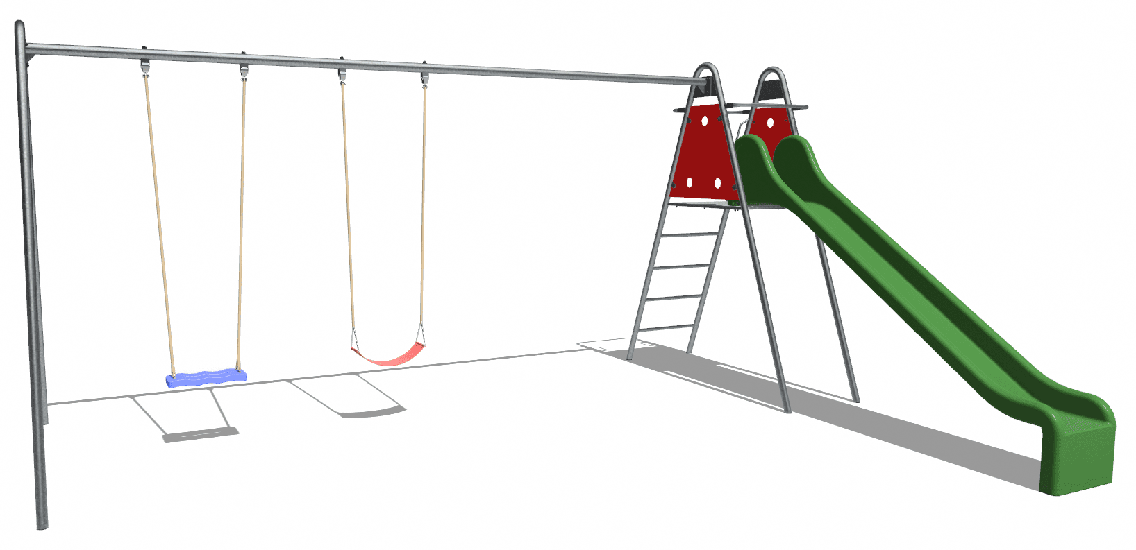 Rutschbahn mit Metallaufstieg und Doppelschaukelanbau